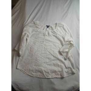 Chaps Denim Blouse Top Womens Large White Eyelet Tie V-Neck 3/4 Sleeve Casual